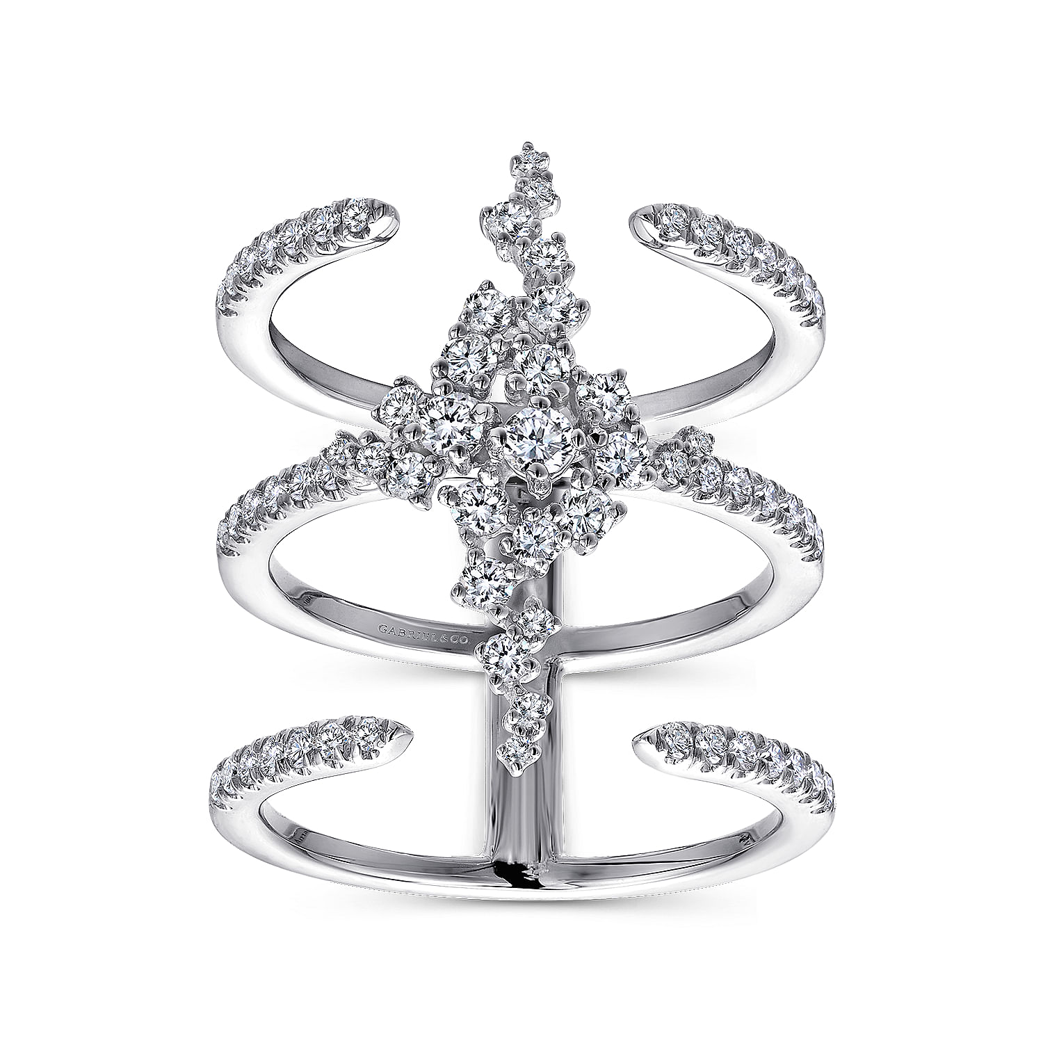 18K White Gold Three Row Open Ring with Pavé Diamond Cluster Center