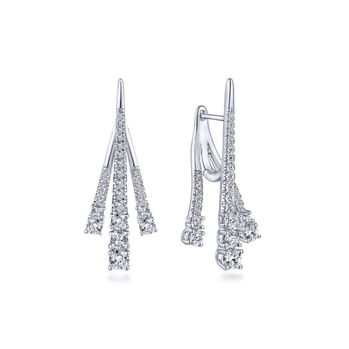 18K White Gold Three Row Tapered Diamond Front Back Drop Earrings