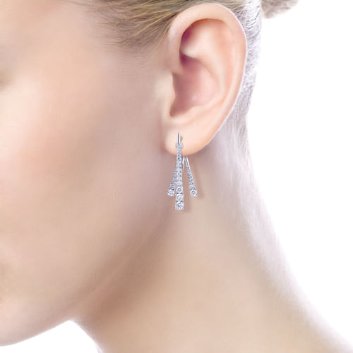 18K White Gold Three Row Tapered Diamond Front Back Drop Earrings