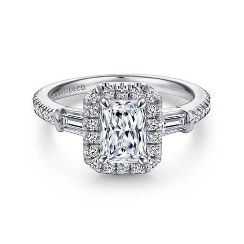 18K White Gold Three Stone Halo Emerald Cut Diamond Channel Set Engagement Ring