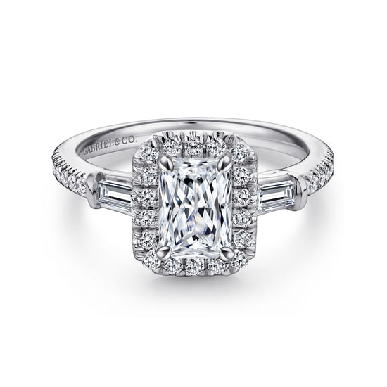 Gabriel - 18K White Gold Three Stone Halo Emerald Cut Diamond Channel Set Engagement Ring