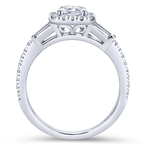 18K White Gold Three Stone Halo Emerald Cut Diamond Channel Set Engagement Ring