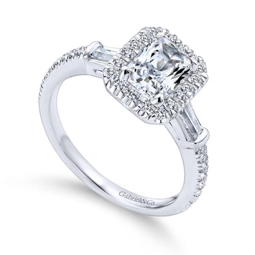 18K White Gold Three Stone Halo Emerald Cut Diamond Channel Set Engagement Ring