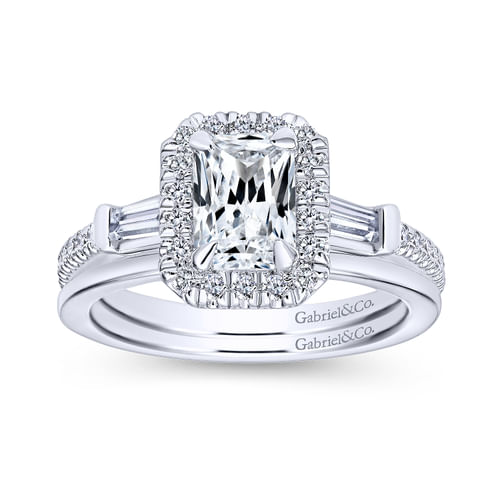 18K White Gold Three Stone Halo Emerald Cut Diamond Channel Set Engagement Ring