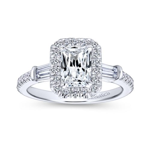 18K White Gold Three Stone Halo Emerald Cut Diamond Channel Set Engagement Ring