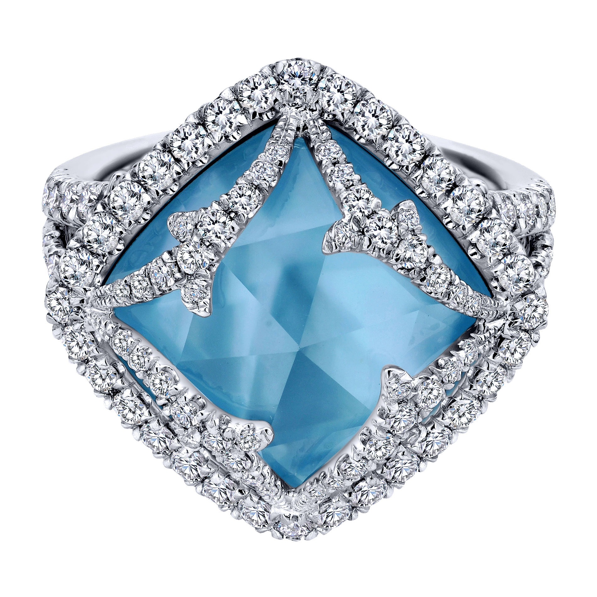 18K White Gold Vintage Inspired Rock Crystal, White MOP & Turquoise Triplet Ring