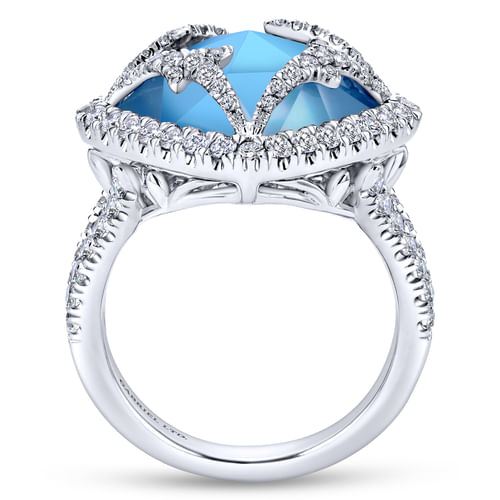 18K White Gold Vintage Inspired Rock Crystal, White MOP & Turquoise Triplet Ring