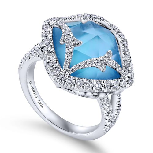 18K White Gold Vintage Inspired Rock Crystal, White MOP & Turquoise Triplet Ring