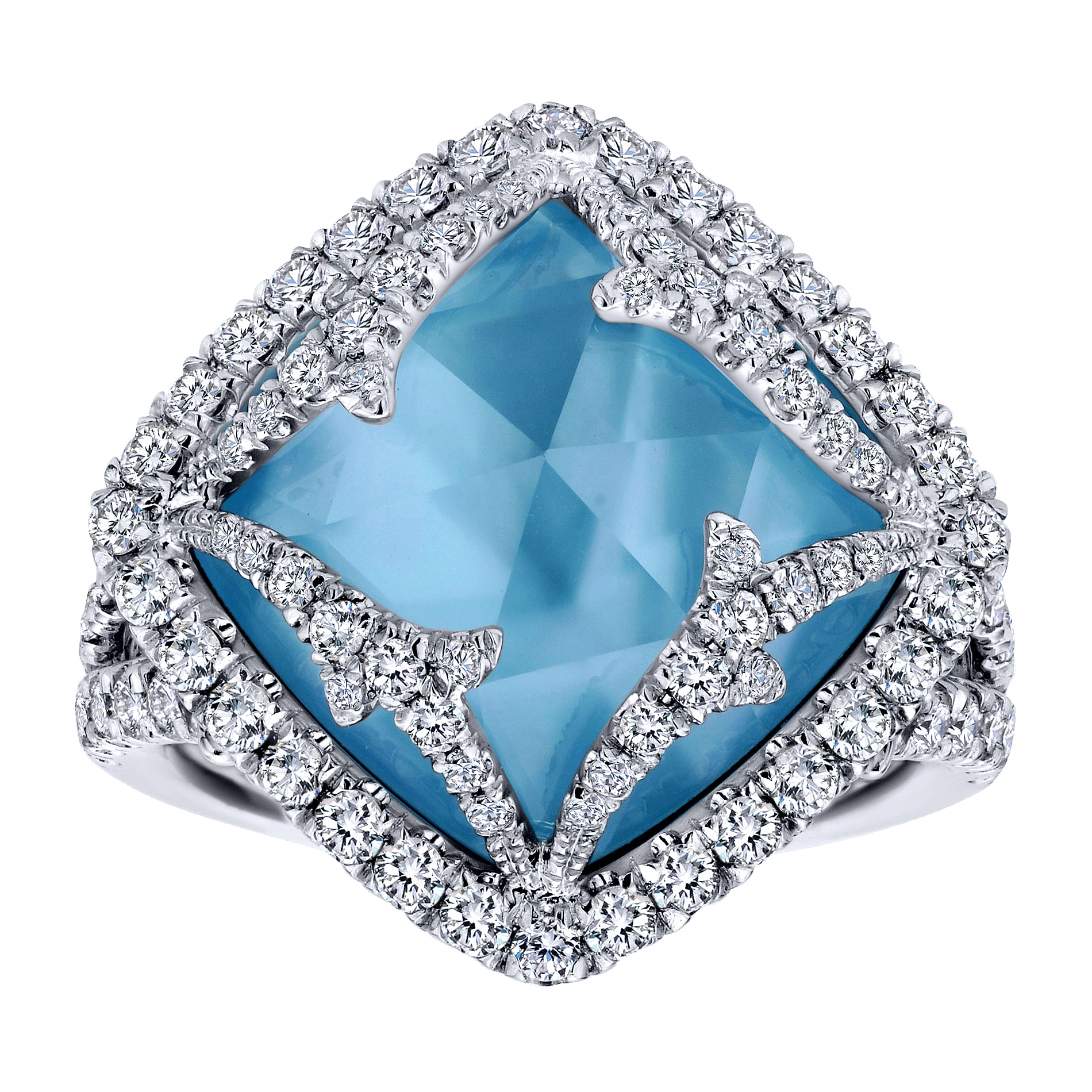18K White Gold Vintage Inspired Rock Crystal, White MOP & Turquoise Triplet Ring