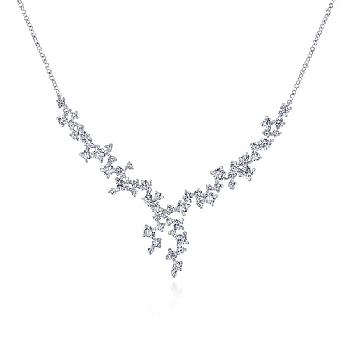 18K White Gold Waterfall Lariat Diamond Cluster Necklace