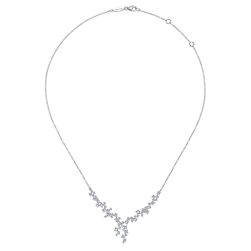 18K White Gold Waterfall Lariat Diamond Cluster Necklace