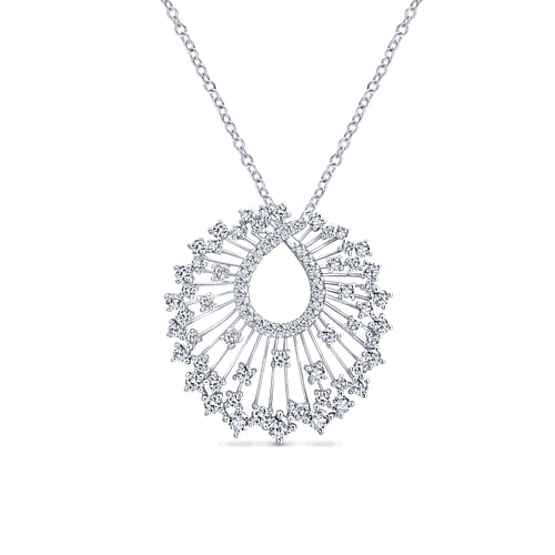 18K White Gold Waterfall Swirl Diamond Pendant Necklace