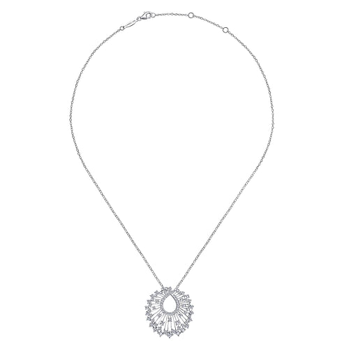 18K White Gold Waterfall Swirl Diamond Pendant Necklace