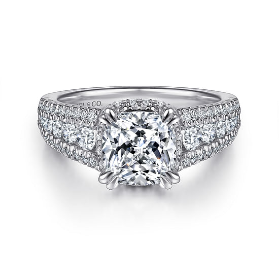 Gabriel - 18K White Gold Wide Band Cushion Cut Diamond Channel Set Engagement Ring