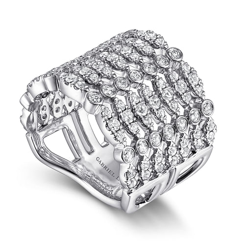 18K White Gold Wide Multi Row Diamond Ring