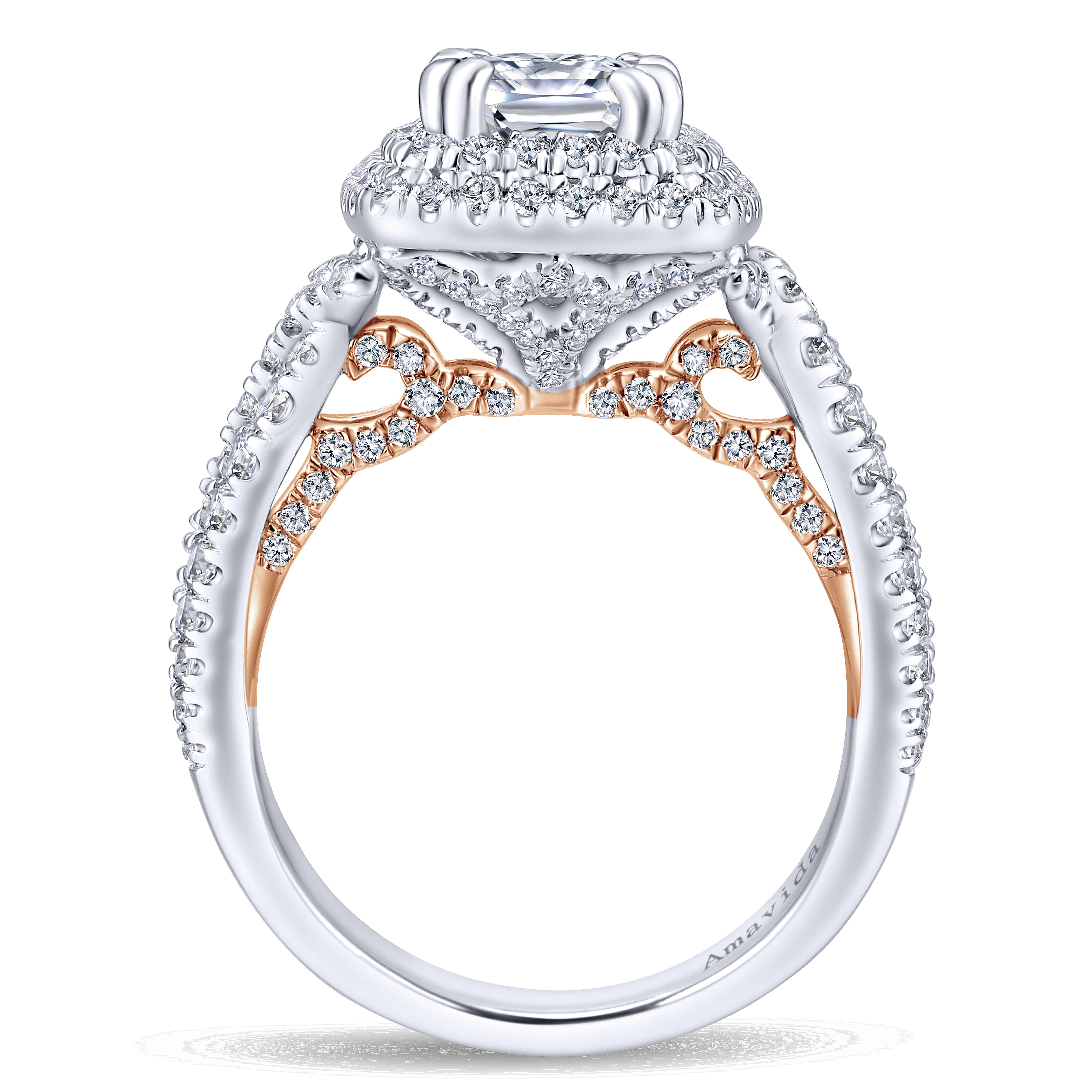 18K White-Rose Gold Cushion Double Halo Diamond Engagement Ring
