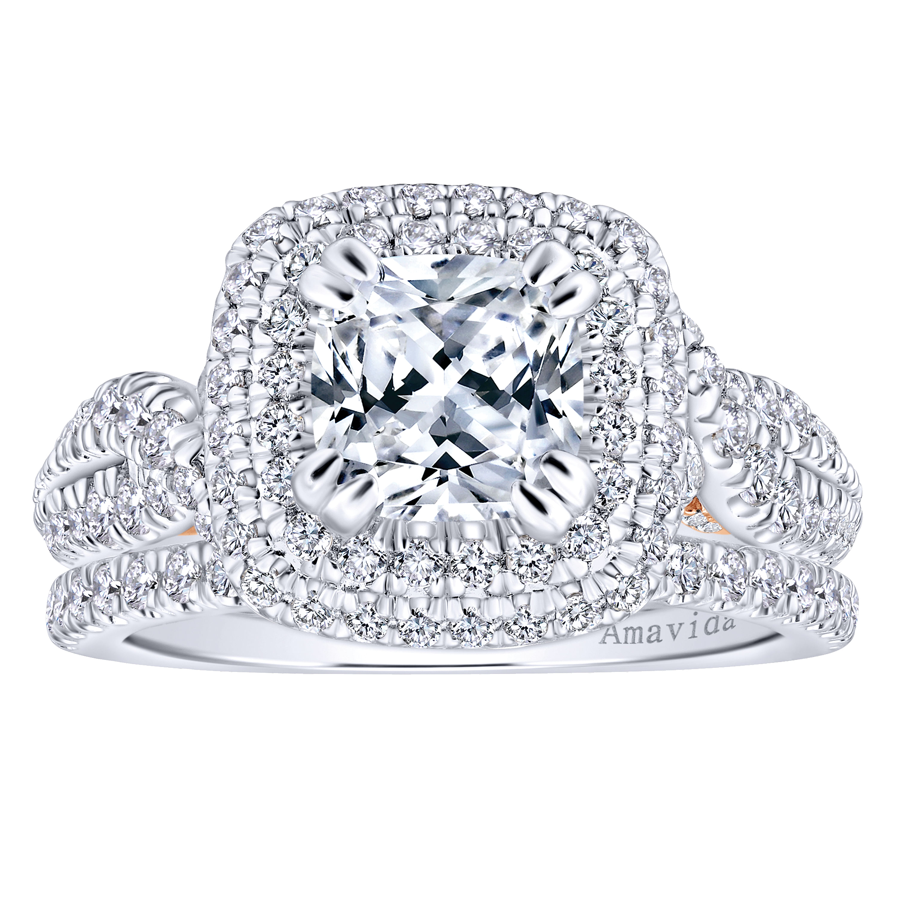 18K White-Rose Gold Cushion Double Halo Diamond Engagement Ring