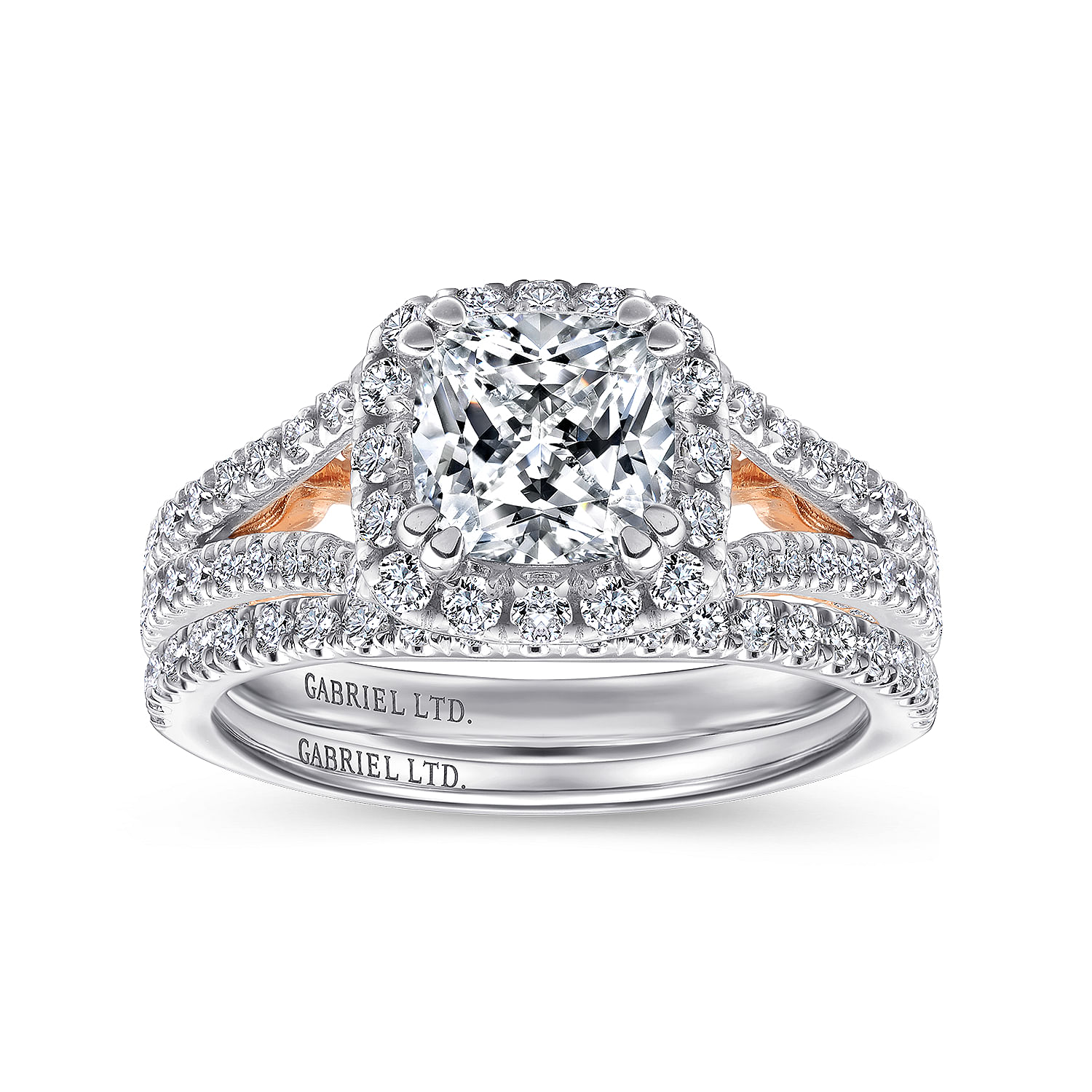 18K White-Rose Gold Cushion Halo Diamond Engagement Ring