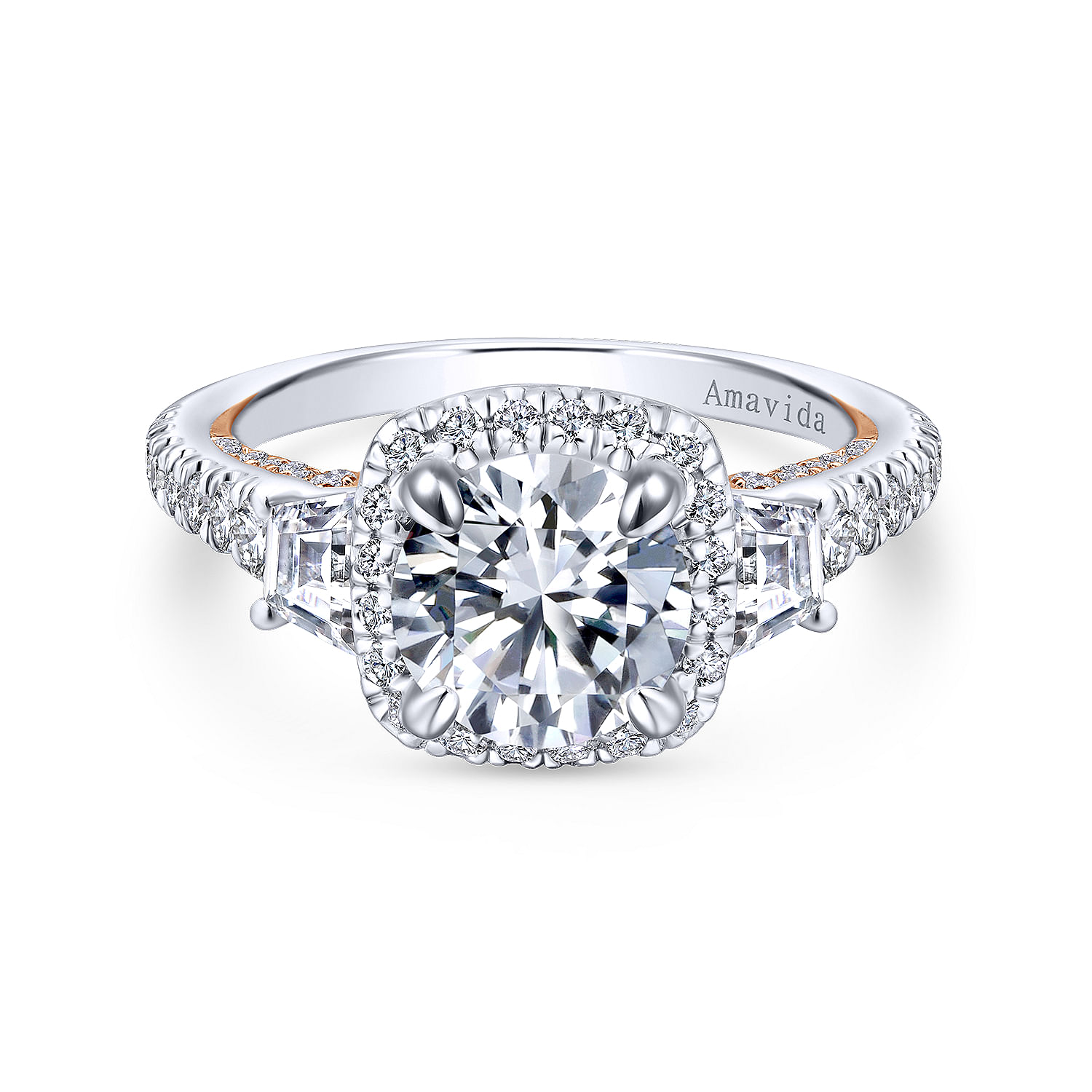 18K White-Rose Gold Cushion Three Stone Halo Round Diamond Engagement Ring