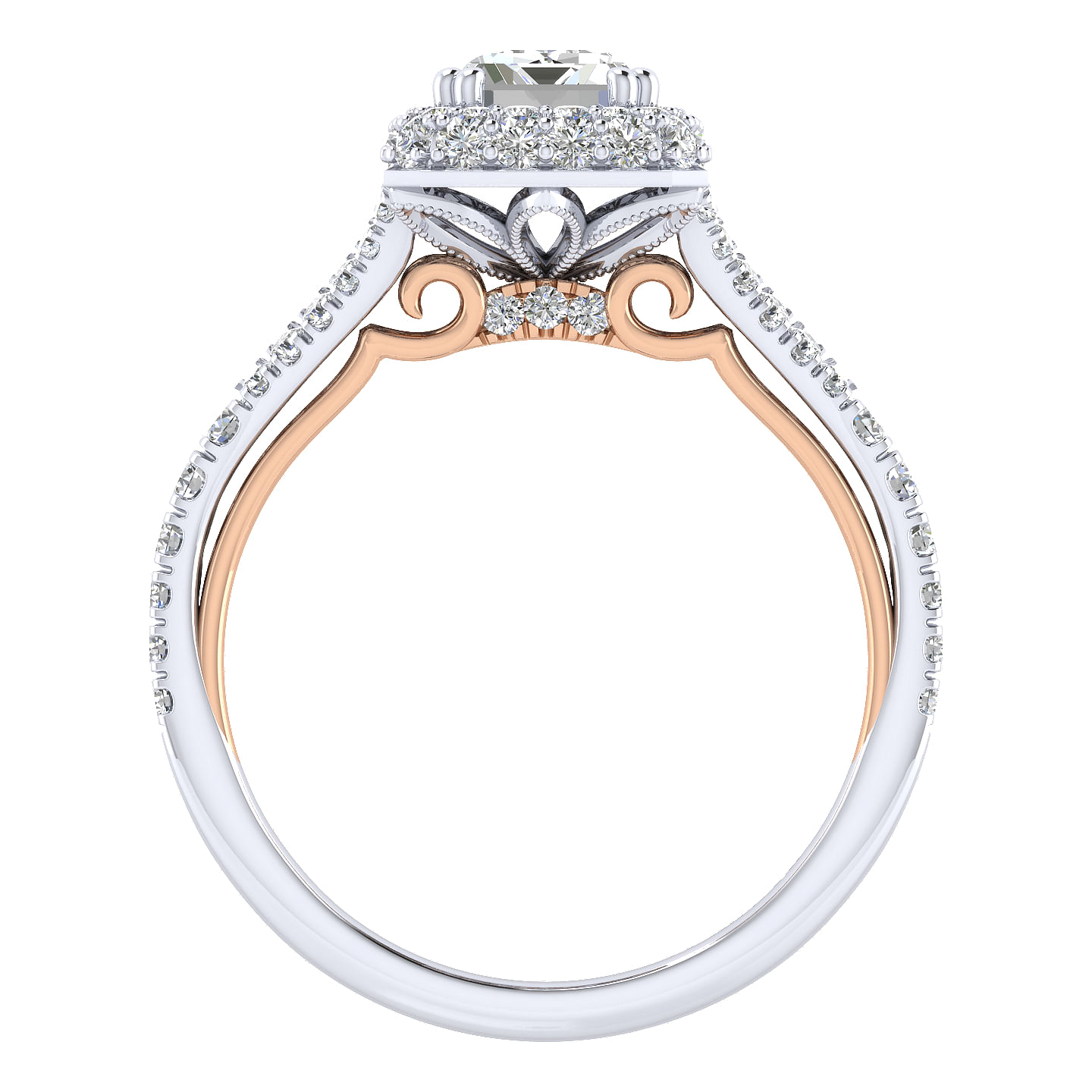 18K White-Rose Gold Double Halo Emerald Cut Diamond Engagement Ring