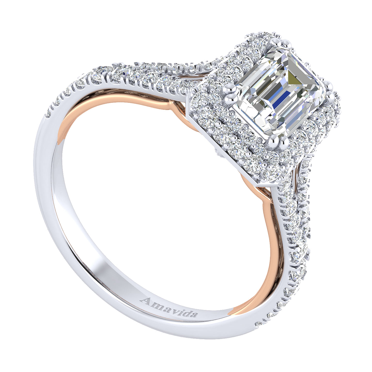 18K White-Rose Gold Double Halo Emerald Cut Diamond Engagement Ring