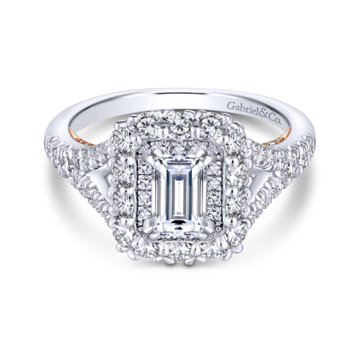 18K White-Rose Gold Double Halo Emerald Cut Diamond Engagement Ring