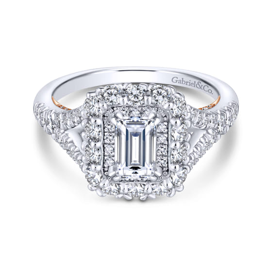 Gabriel - 18K White-Rose Gold Double Halo Emerald Cut Diamond Engagement Ring