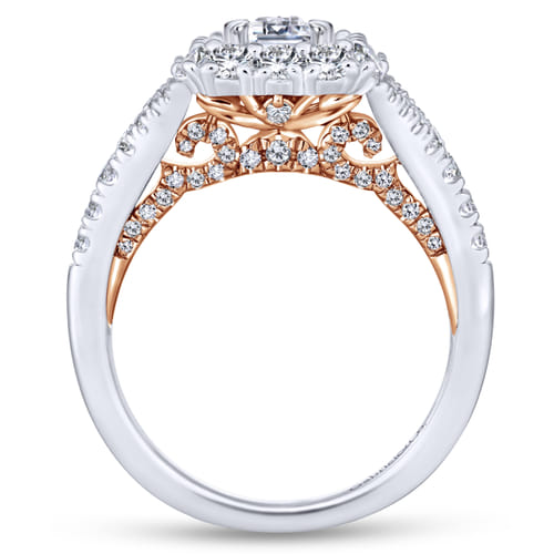 18K White-Rose Gold Double Halo Emerald Cut Diamond Engagement Ring