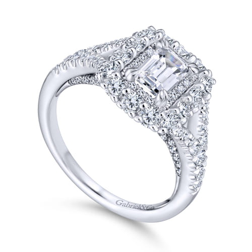18K White-Rose Gold Double Halo Emerald Cut Diamond Engagement Ring