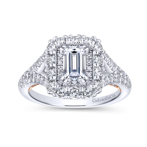 18K White-Rose Gold Double Halo Emerald Cut Diamond Engagement Ring