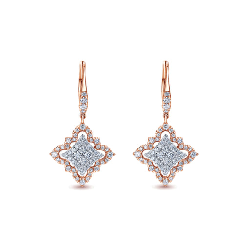 18K White-Rose Gold Floral Diamond Drop Earrings