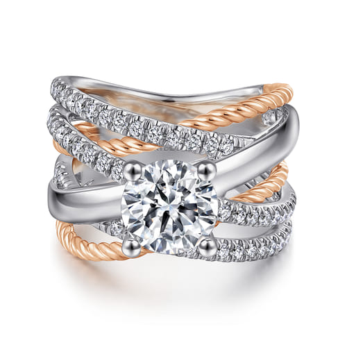 18K White-Rose Gold Free Form Round Diamond Engagement Ring