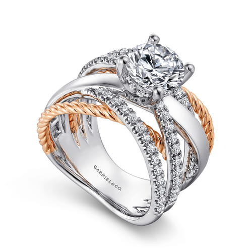18K White-Rose Gold Free Form Round Diamond Engagement Ring