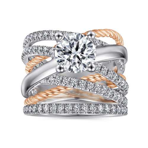18K White-Rose Gold Free Form Round Diamond Engagement Ring
