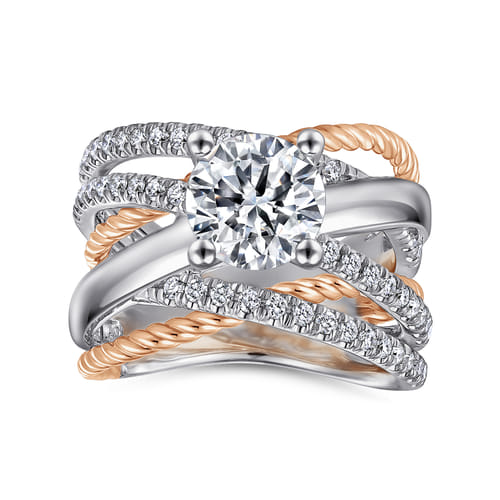 18K White-Rose Gold Free Form Round Diamond Engagement Ring