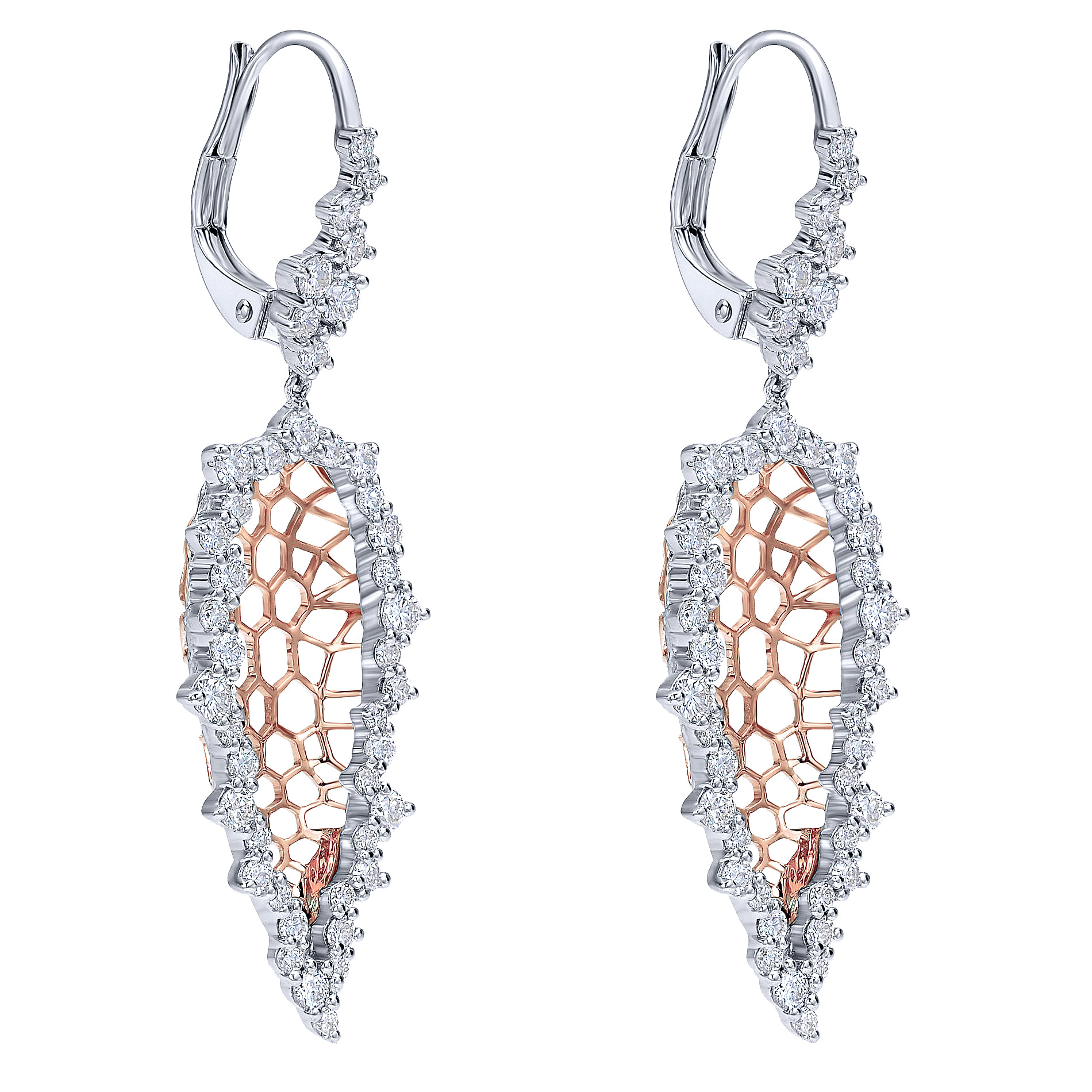 18K White-Rose Gold Intricate Elongated Diamond Drop Earrings