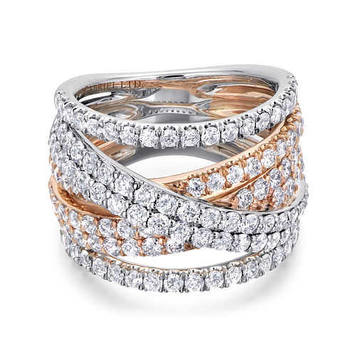 18K White-Rose Gold Layered Wide Band Diamond Ring