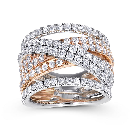 18K White-Rose Gold Layered Wide Band Diamond Ring