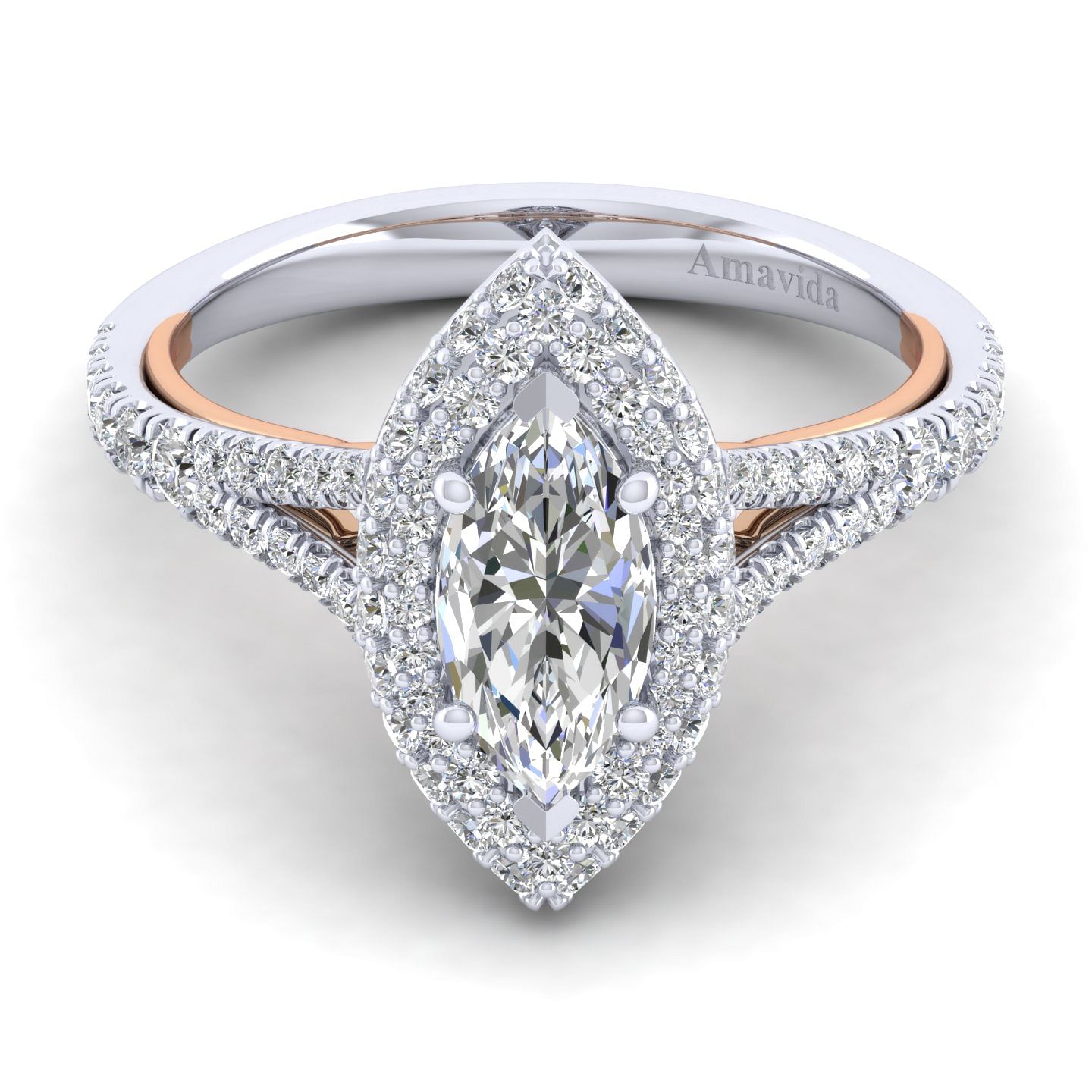 18K White-Rose Gold Marquise Shape Double Halo Diamond Engagement Ring