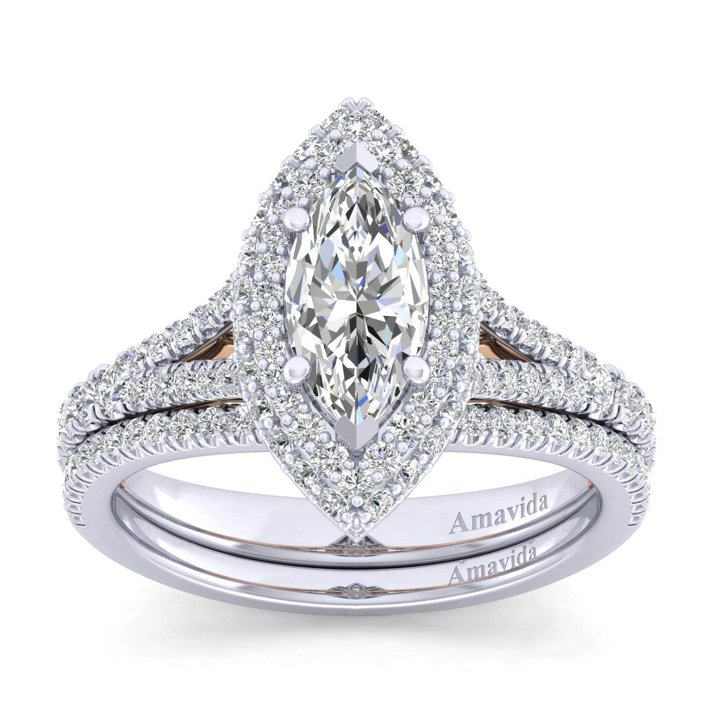 18K White-Rose Gold Marquise Shape Double Halo Diamond Engagement Ring