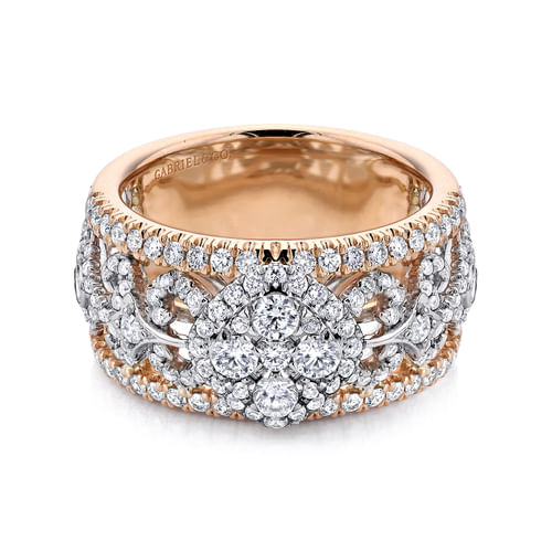 18K White-Rose Gold Openwork Wide Band Diamond Ring