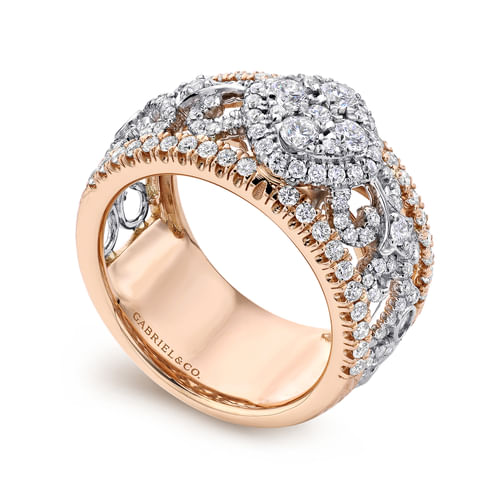 18K White-Rose Gold Openwork Wide Band Diamond Ring