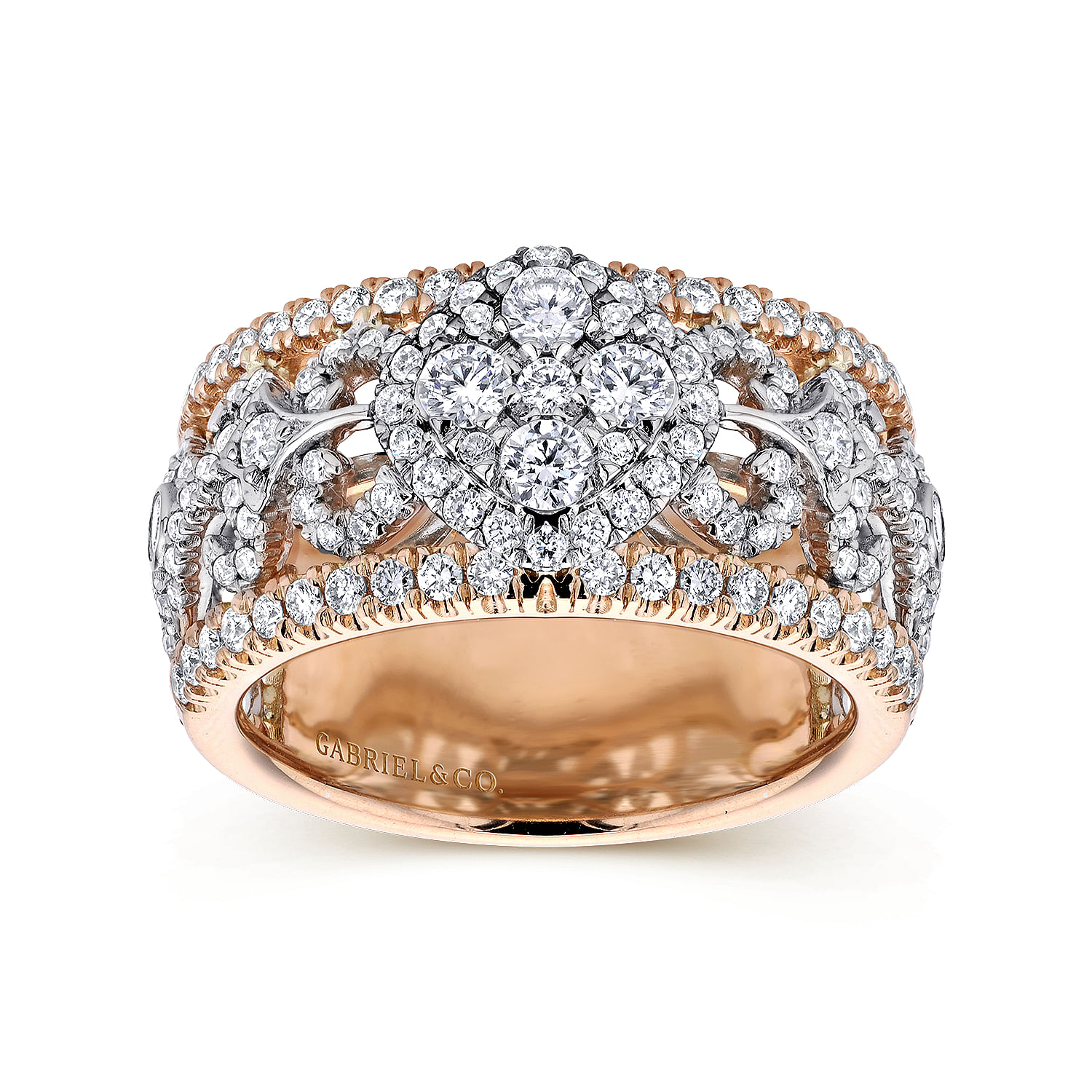 18K White-Rose Gold Openwork Wide Band Diamond Ring