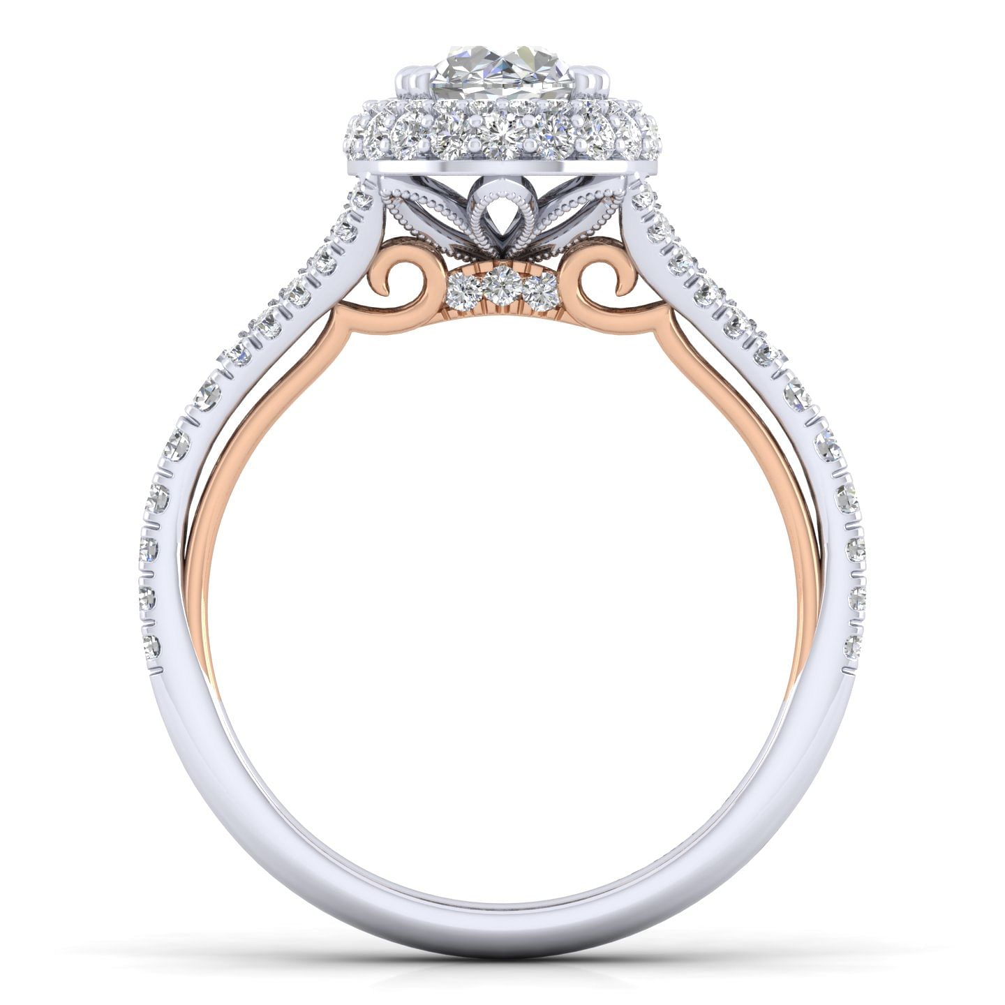 18K White-Rose Gold Oval Double Halo Diamond Engagement Ring