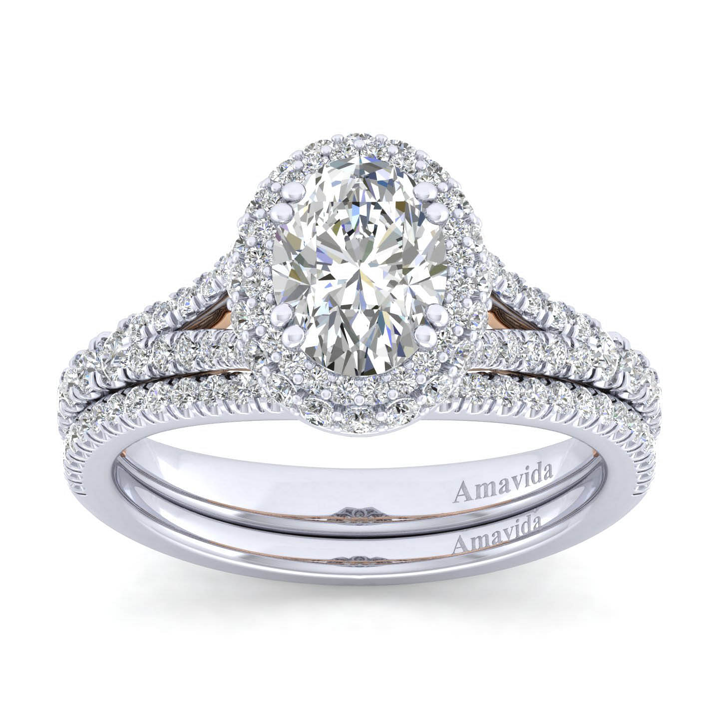 18K White-Rose Gold Oval Double Halo Diamond Engagement Ring