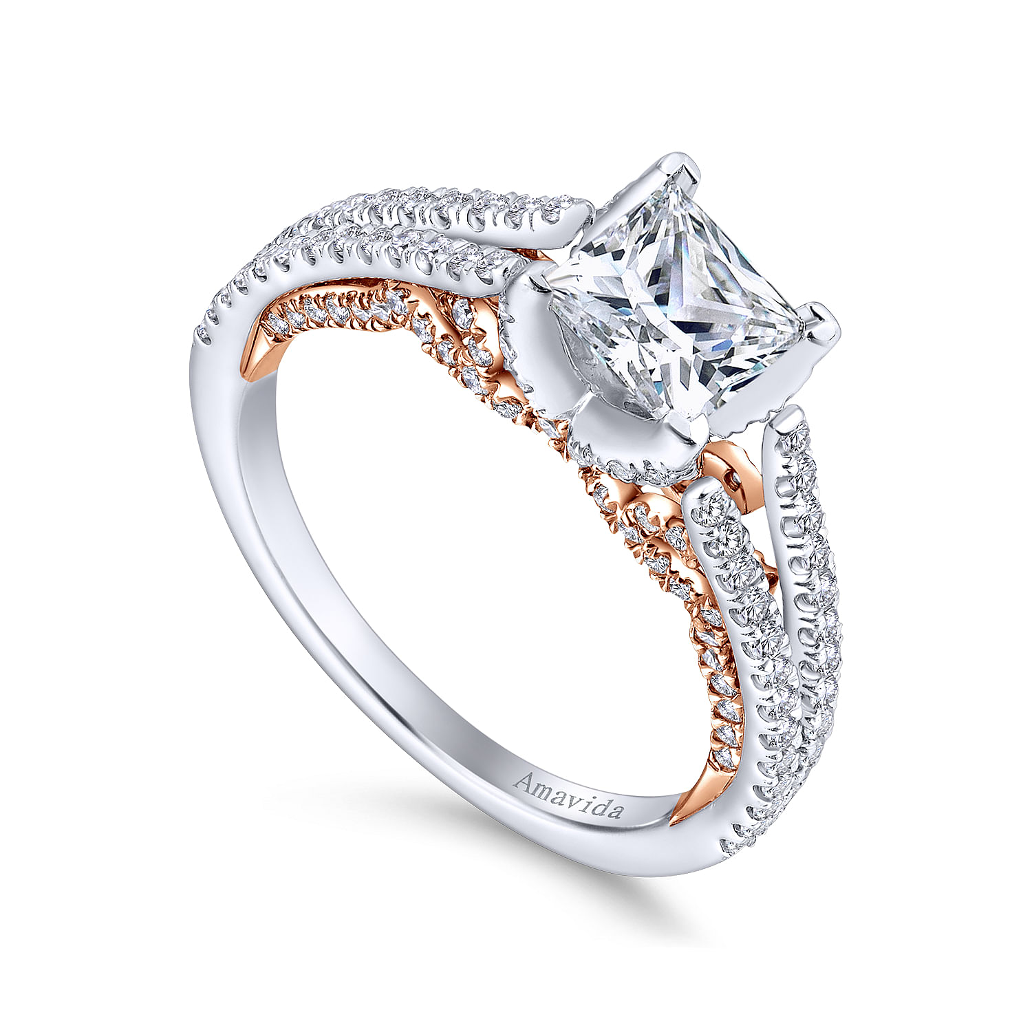 18K White-Rose Gold Princess Cut Split Shank Diamond Engagement Ring