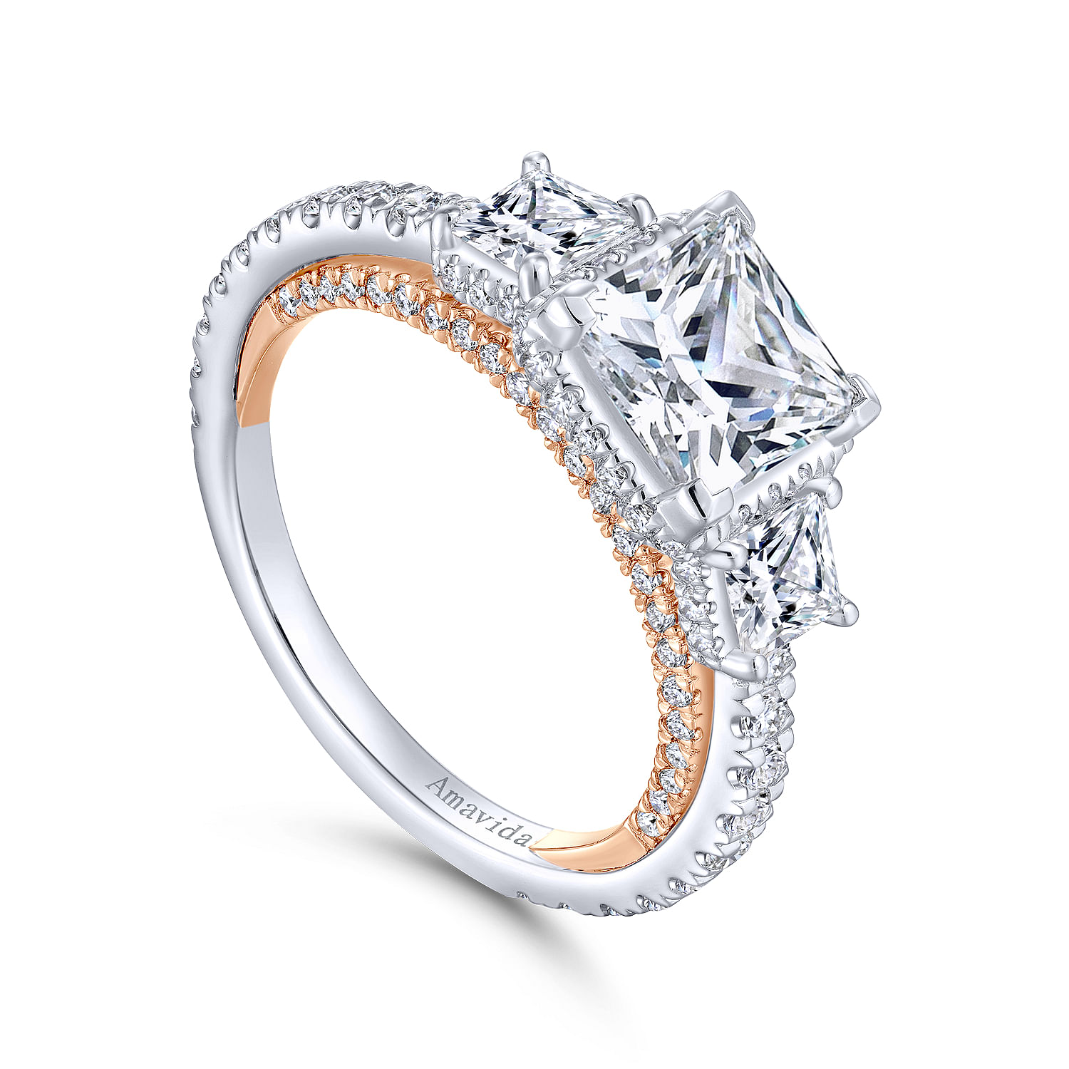 18K White-Rose Gold Princess Cut Three Stone Diamond Engagement Ring