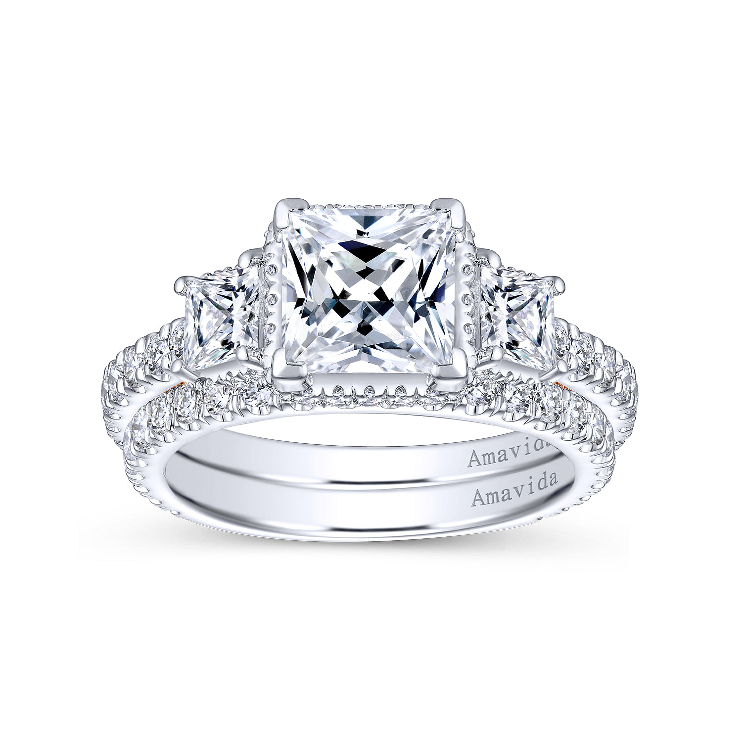 18K White-Rose Gold Princess Cut Three Stone Diamond Engagement Ring