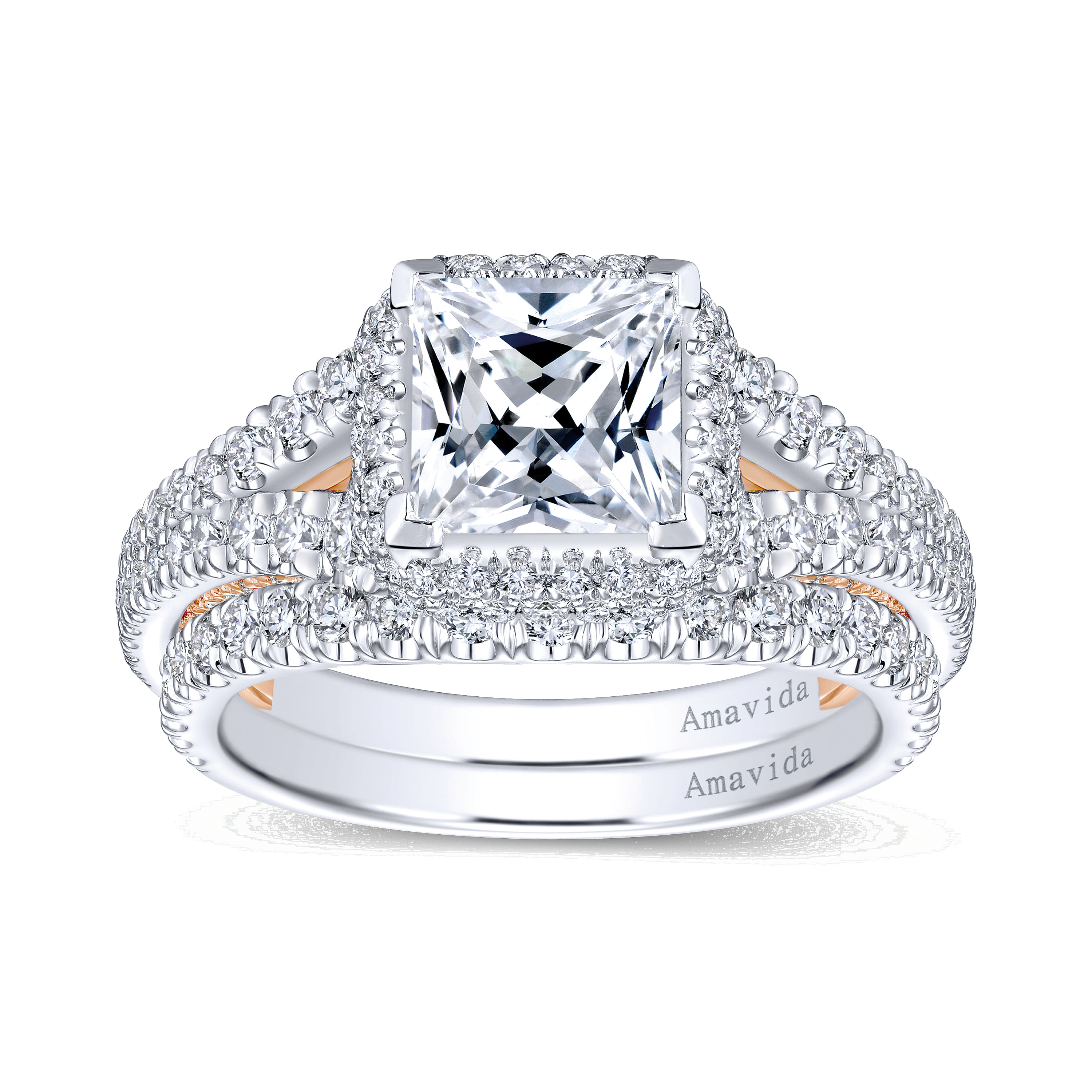 18K White-Rose Gold Princess Halo Diamond Engagement Ring