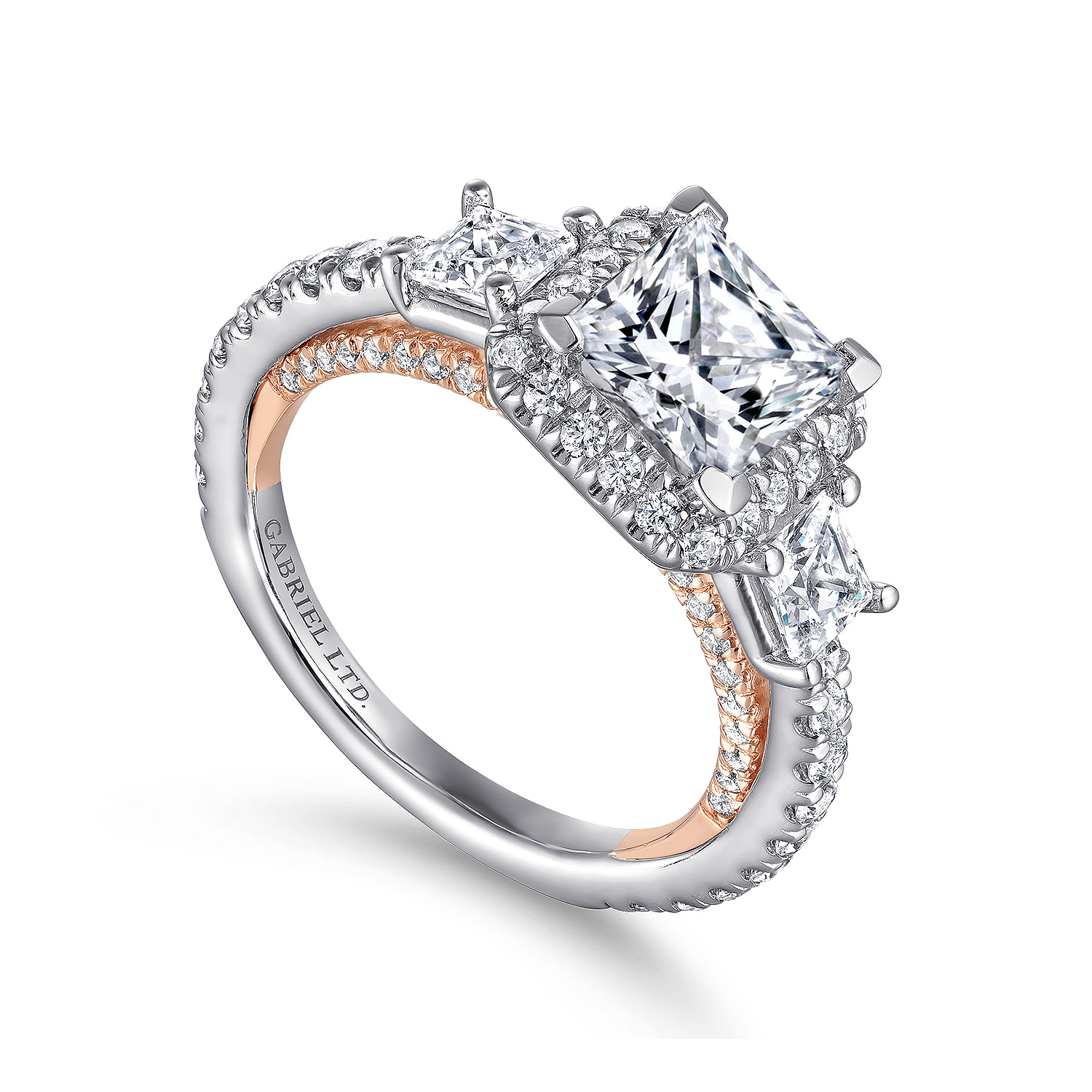 18K White-Rose Gold Princess Halo Three Stone Diamond Engagement Ring